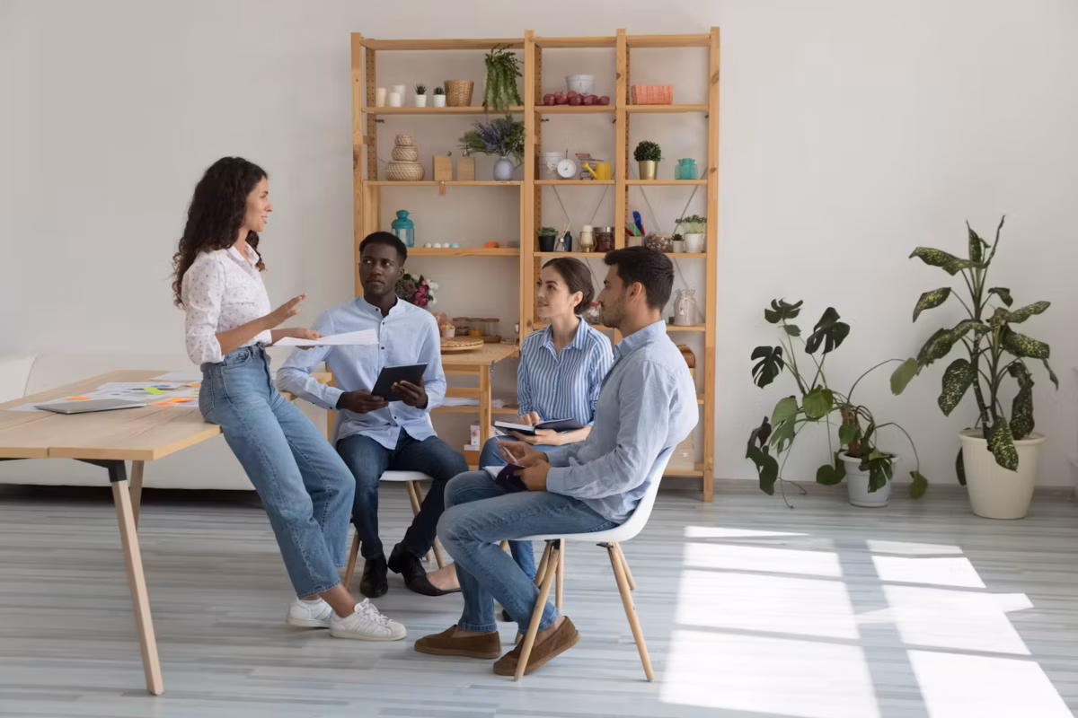 Four people talking together